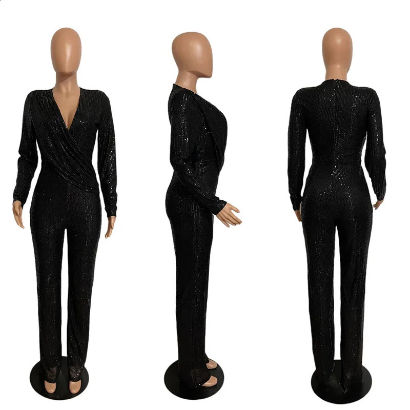 Fashion Sequins Jumpsuit For Women Long Sleeve V Neck Draped Autumn Winter Rompers Celebrity Evening Party Club Overall 241224