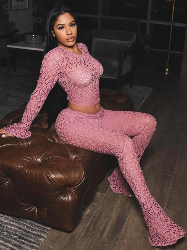 Sisterlinda Sexy Thin 2 Piece Sets Women Flare Sleeve Slim TopsHigh Waist Leggings Female Midnight Party Clubwear Outfits Mujer 241224
