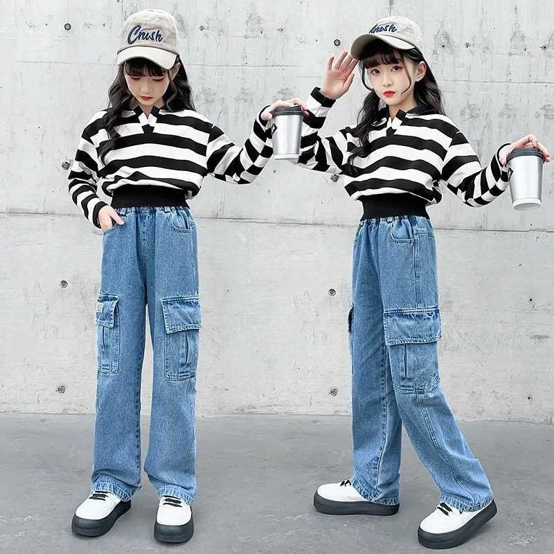 Girls Jeans 2024 Spring New Stickers Fabric Five Star Wide Leg Pants Childrens Trend Teen Trousers W241227