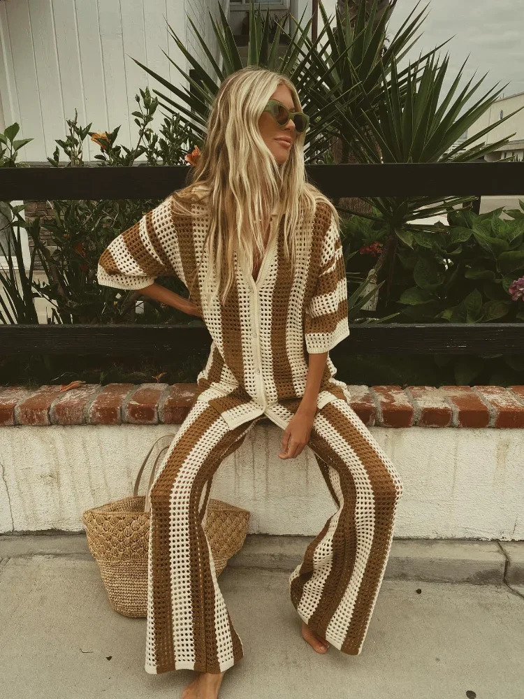 Sexy Hollowed Vertical Stripe Womens Wide Leg Pants Set Casual Lapel V Neck Loose Shirt Suit Summer Female Vacation Chic Outfit 241220