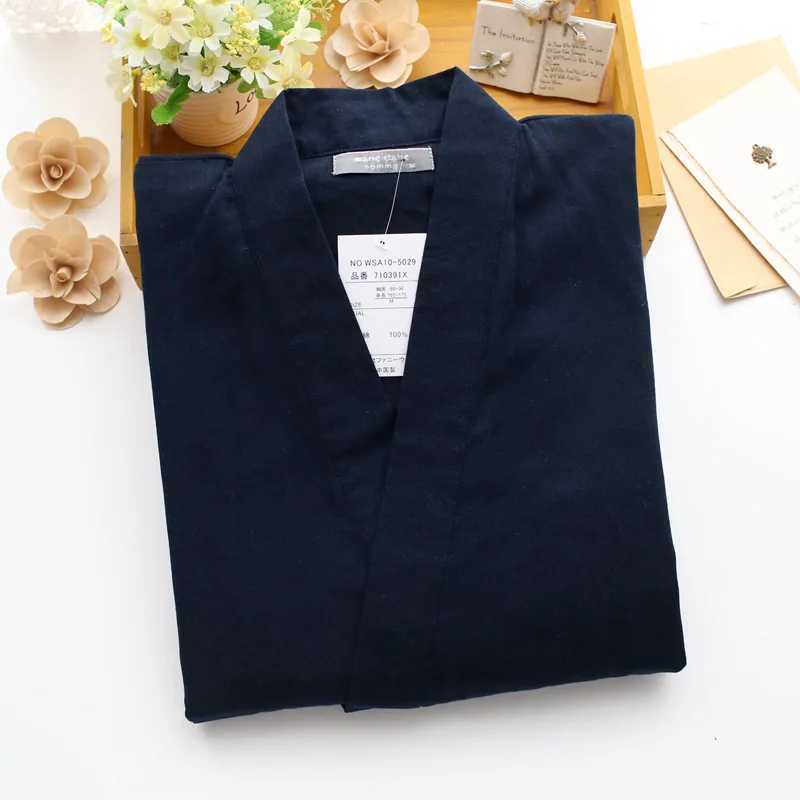 2024 Japanese kimono mens spring and summer pajamas two-piece 100% cotton solid color simple large size home service set mensXJ241227
