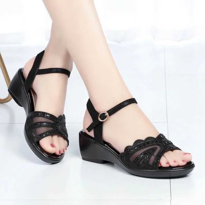 High Quality Shoes for Women Hot Sale Summer Womens Sandals Net Yarn Sequins One Word Mid Heel Open Toe Zapatillas De Mujer T241227