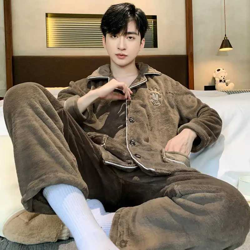 Autumn Winter Coral Fleece Mens Pajamas Set Thicken Flannel Warm Sleepwear OverSized Solid Cardigan Pajama Men Pyjamas HomeWearXJ241227