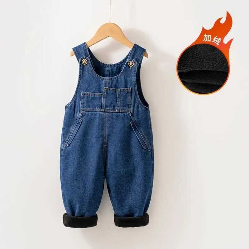 Baby apron thick jeans boys warm back pants baby with velvet jumpsuit girls coat cold proof Trousers new childrens clothing W241227