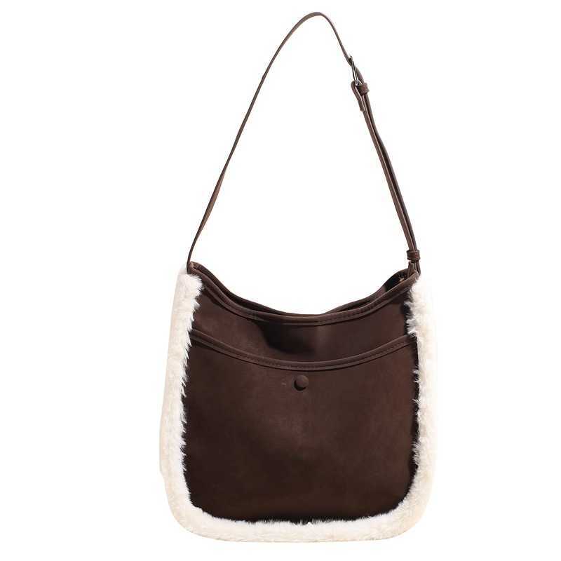 autumn winter frosted leather paired with lamb wool bucket bag, women's diagonal cross high-end feeling, large capacity tote bag 241215