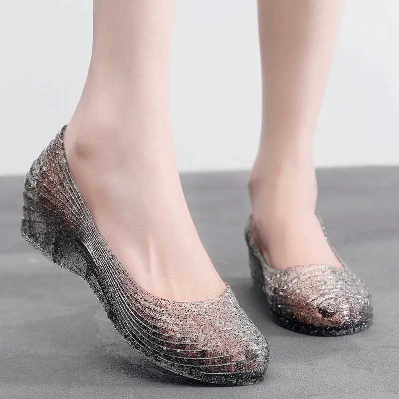 High Quality New Woman Shallow High Heel Crystal Shoes Womens Wedge Heel Sandals Jelly Breathable Slip-on mom Sandals T241227