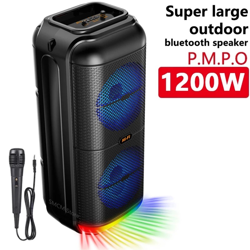 Super Large Outdoor Bluetooth Speaker Peak Power 1200W Double 6 Inch Horn Subwoofer Portable Wireless Column Bass Sound with Mic