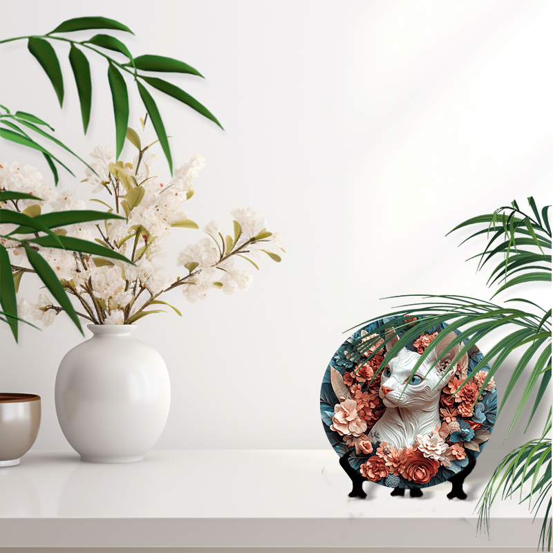 Enchanting Cat Ornament - Customized Circular Aluminum Decorative Painting, Perfect Pet Souvenir Tombstone for Cats and Dogs