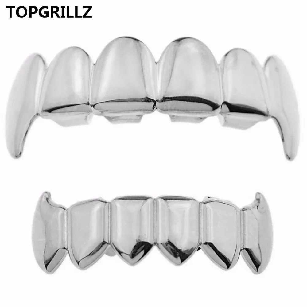 TOPGRILLZ Gold Silver Plated HIP HOP Teeth Grillz Top Bottom Grills Set With sile Real Shiny Vampire Tooth Sets W241227