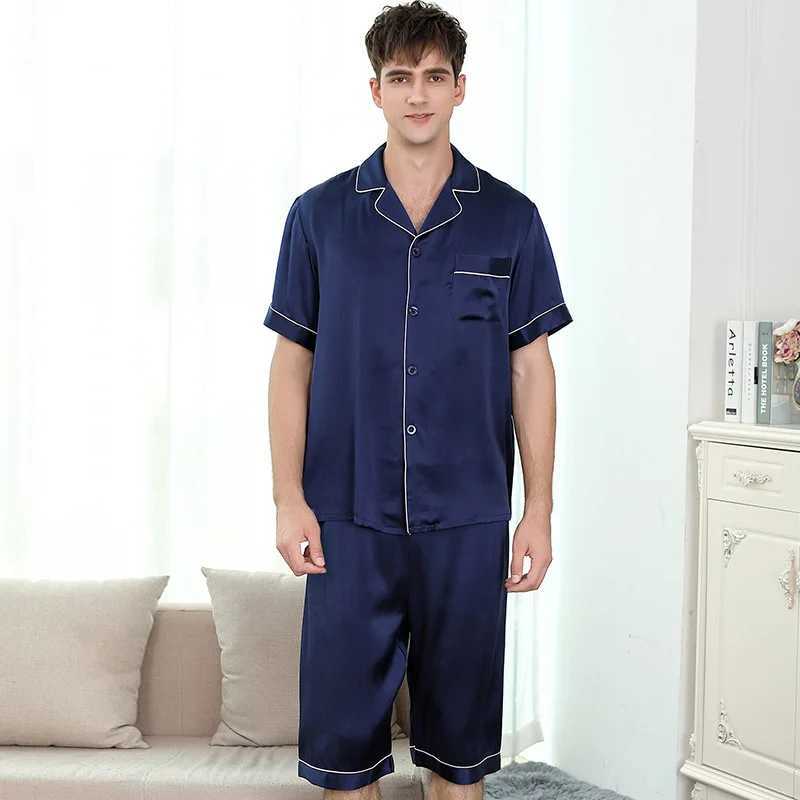 Birdsky 1SET Men pajamas pijamas pajama pj set men nightwear short sleeve sleepwear 100% mulberry silk satin solid S-333XJ241227