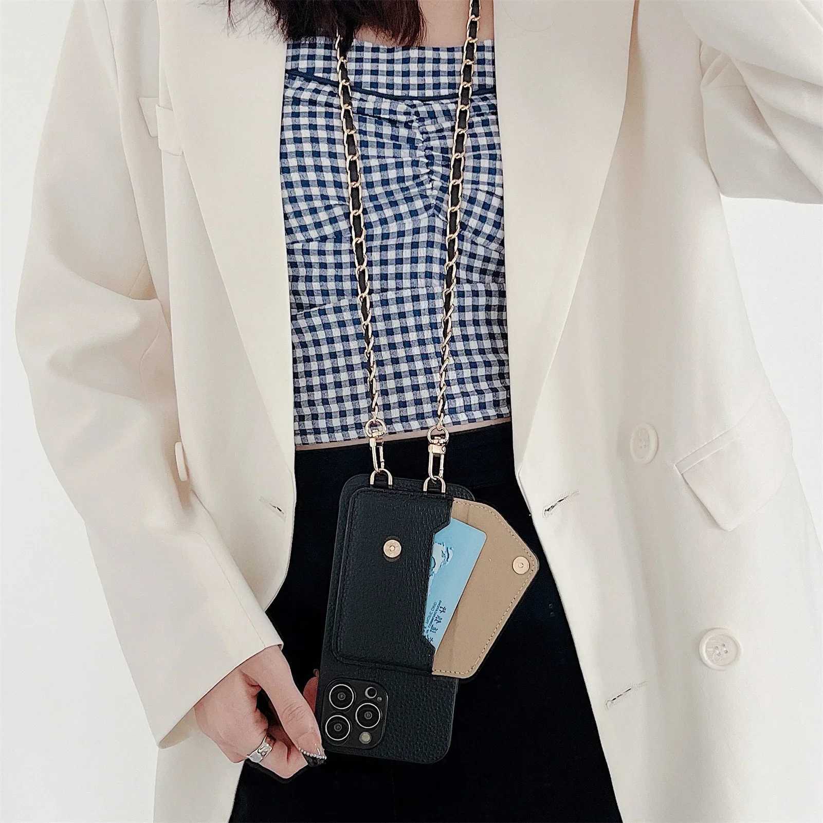 Crossbody Wallet Phone Case for IPhone 16 15 14 13 12 11 Pro Max XR XS X Card Holder Lanyard Chain Strap Cord Bag Leather Cover Z250207