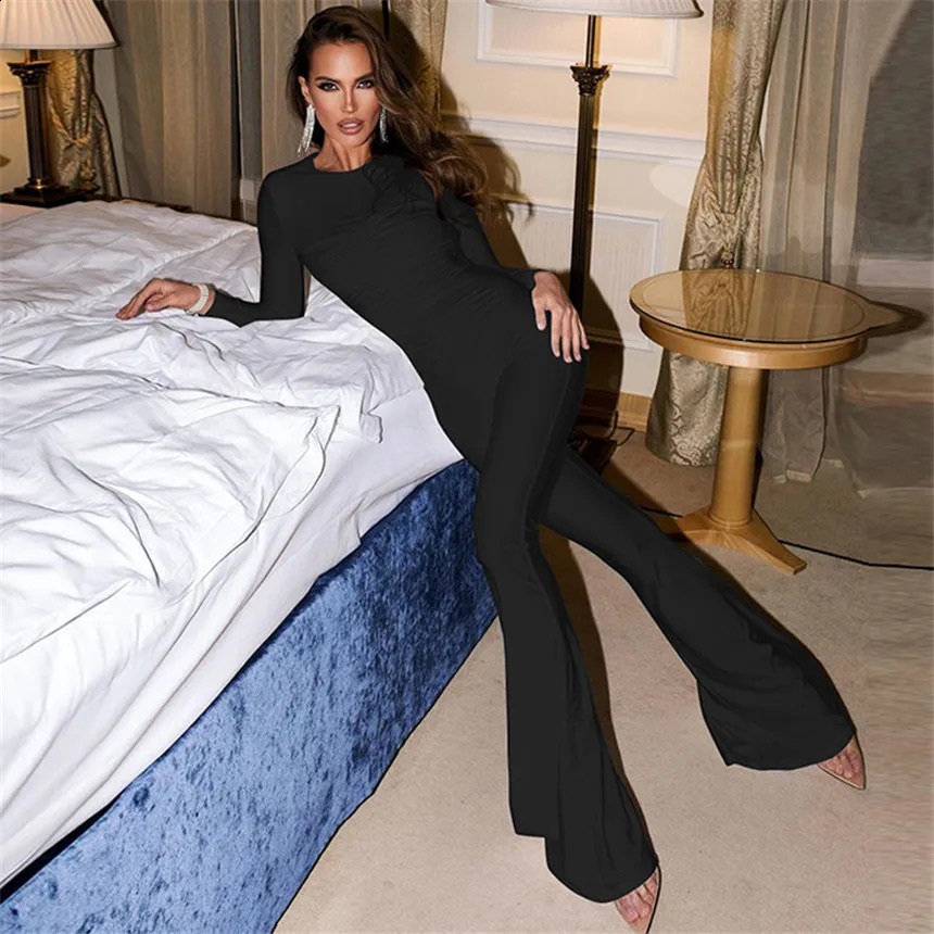 Womens Black Backless Long Sleeve Jumpsuit High Waist Folds Long Bodysuits Evening Party Outfit Autumn Winter Fashion 241224