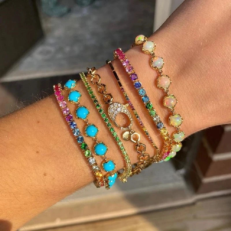 Arrived Tennis Round Cubic Zirconia Bracelet For Women Girl Jewelry Gold Color Rainbow Cz Gorgeous Trendy Bangle 241227