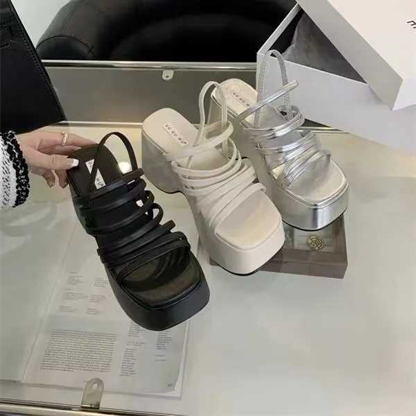 High Quality Womens Summer Chunky Heels Sandals New Fashion Strap High Heeled Slippers Woman Black Slip on Casual Platform Womens Sandals T241227