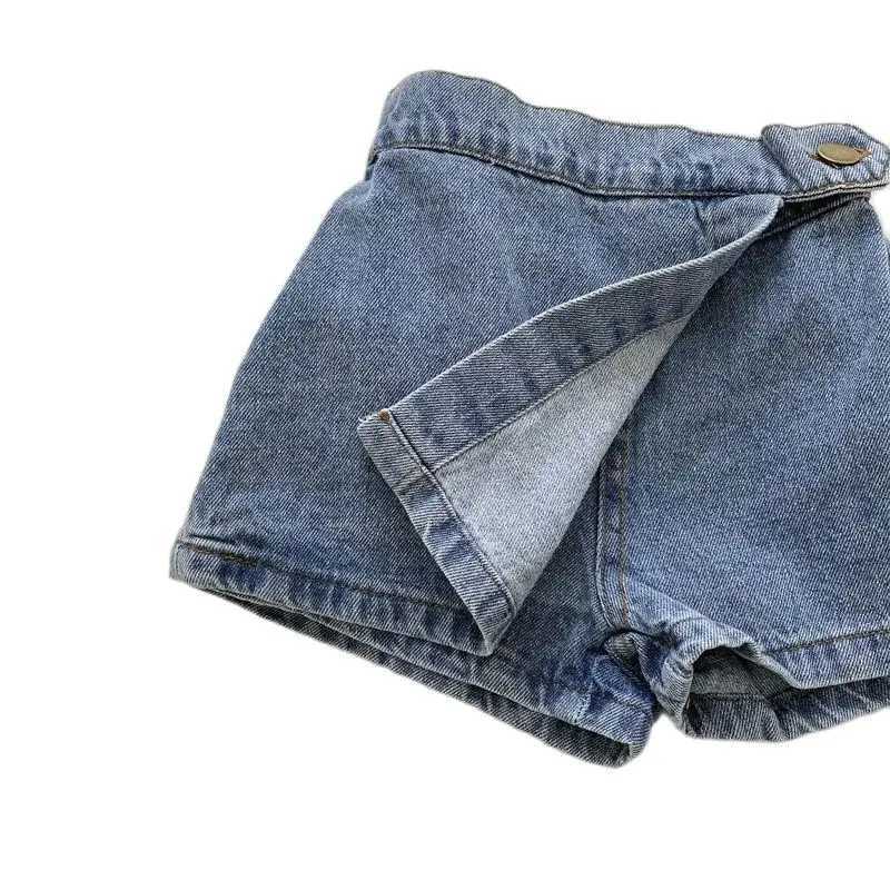 Korean Fashion New Summer Kids Girl Skirt Shorts Solid Elastic Waist Button Soft Denim Culotte Childrens Edition Clothing W241227