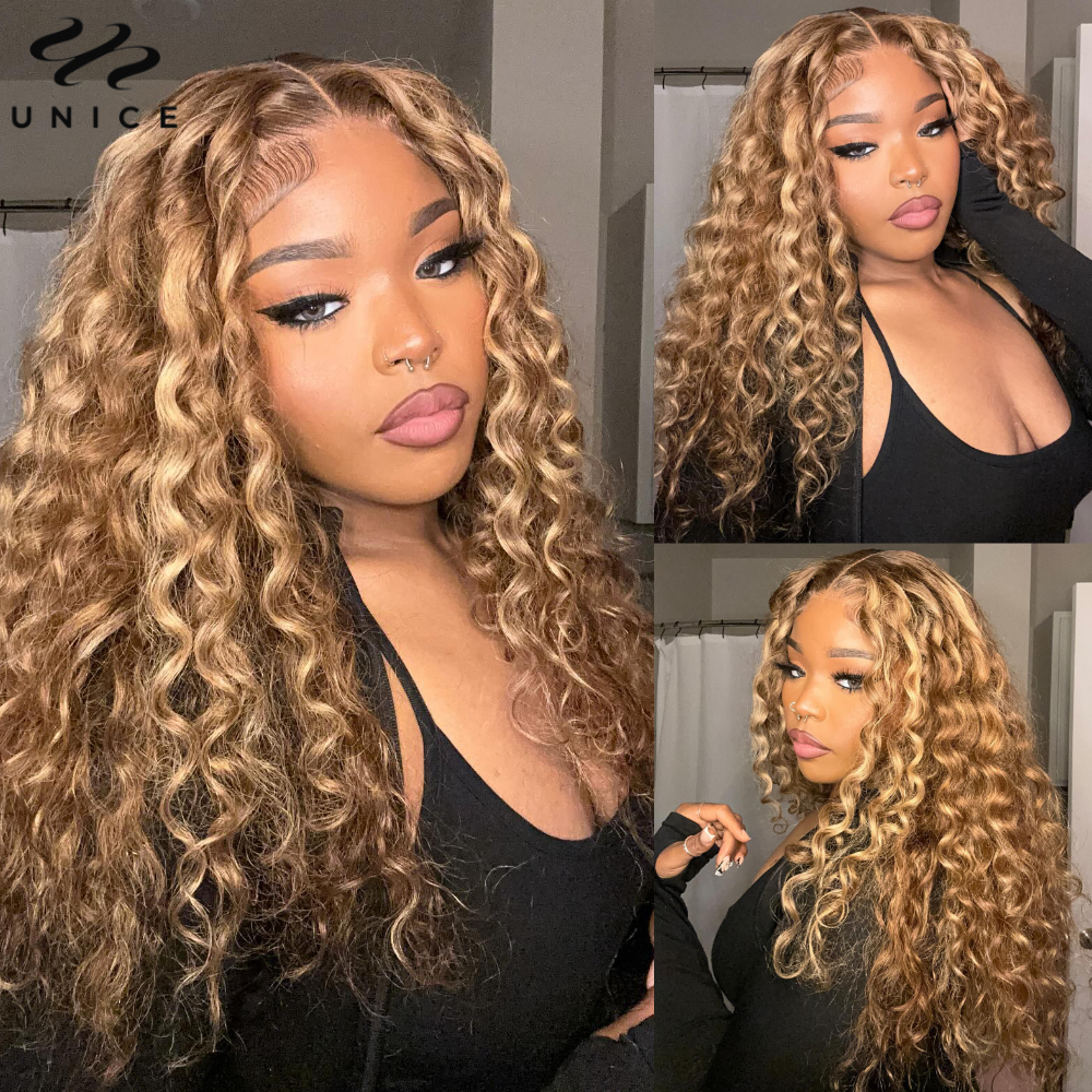 Unice Cut Pre Bleached 7X5 Water Wave Honey Blonde Highlight Human Hair Glueless Wig Ready To Wear 150% Density