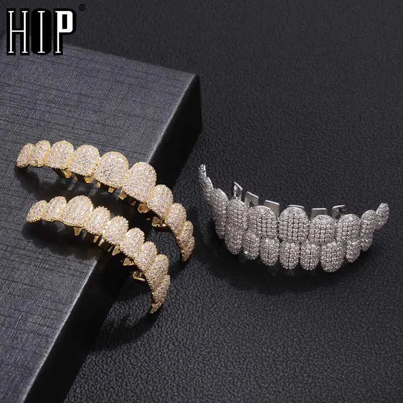 Hip Hop Full CZ Stones Long Teeth Grillz Cs Cubic Zircon d Out Micro Pave Top Bottom Charm Grills For Men Women Jewelry W241227