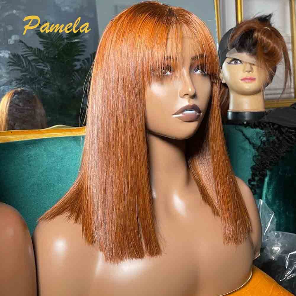 Wear And Go Glueless 250% Density Ginger Orange Bone Straight 13X4 Transparent Lace Front Human Hair Wig With Bang For Women