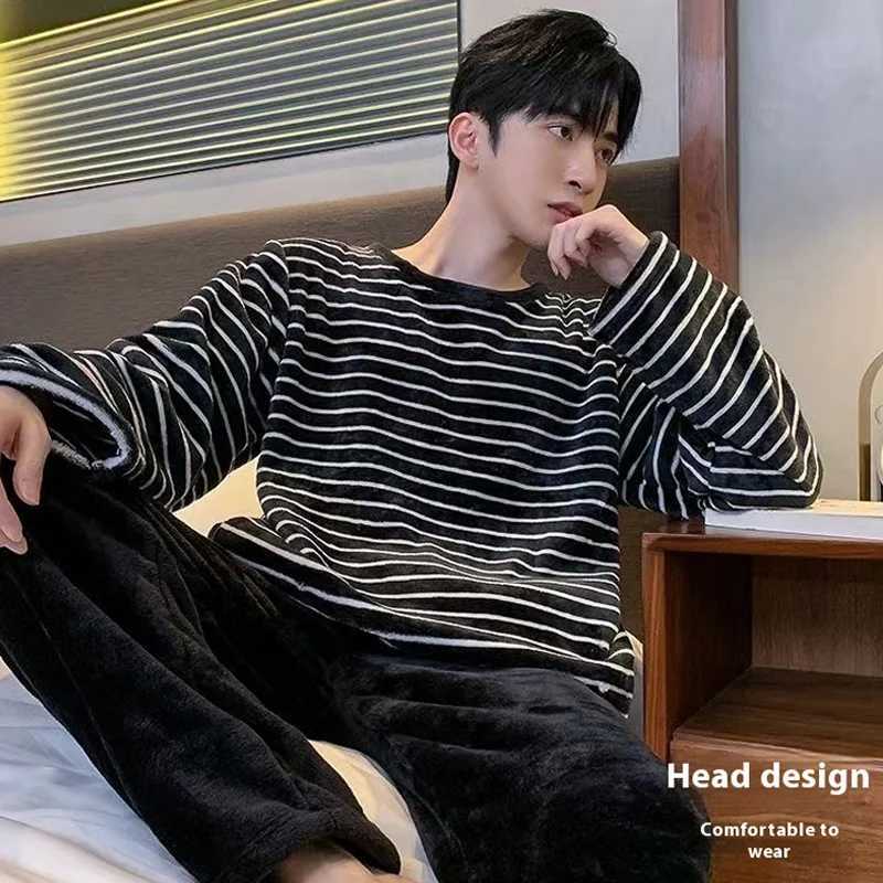 Fall and Winter New Mens Warm Pajamas Homewear Suit Teen Facecloth Simple Leisure Mens Home Pajamas Warm Homewear SuitXJ241227