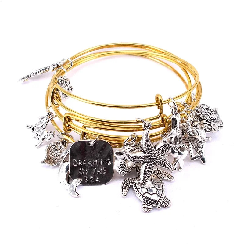 5pcs Bangle Set Wire Bracelets for Women Girls Jewllery Mixed Marine Life Starfish Dolphin Turtle Charm Bracelets C039 241227