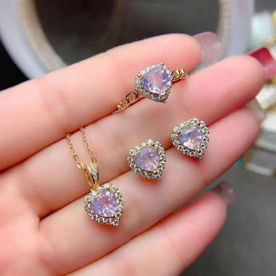 FS S925 Sterling Silver Natural Heart-shaped Amethyst Fine Jewelry Set for Women Ring Pendant Earrings 3-Piece With Certificate 241226
