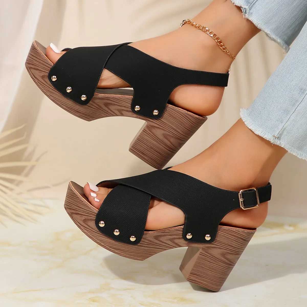 High Quality New Womens Sandal Platform Heeled Shoes Brown Slingback Shoes Peep Toe Chunky Heel Studded Platform Sandals T241227