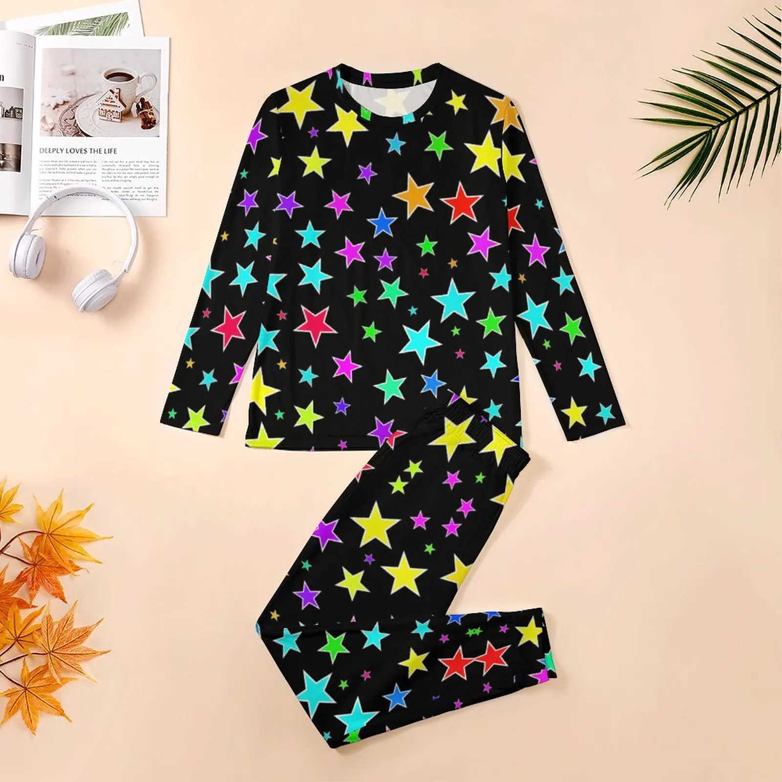 Colorful Stars Pajamas Autumn 2 Pieces Fun Star Print Soft Pajama Sets Man Long Sleeve Room Design Nightwear Large SizeXJ241227