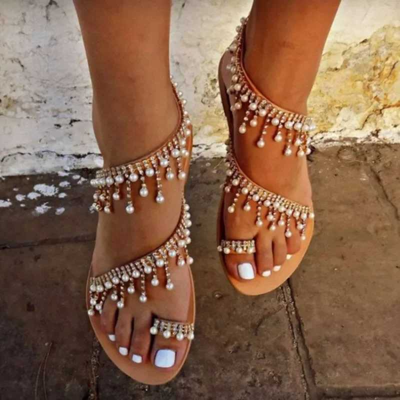 High Quality Women Rhinestone Tassels Slippers Bohemian Summer Fashion Roman Lightweight Flat Sandals Outdoor Beach Casual Shoes Flip Flops T241227