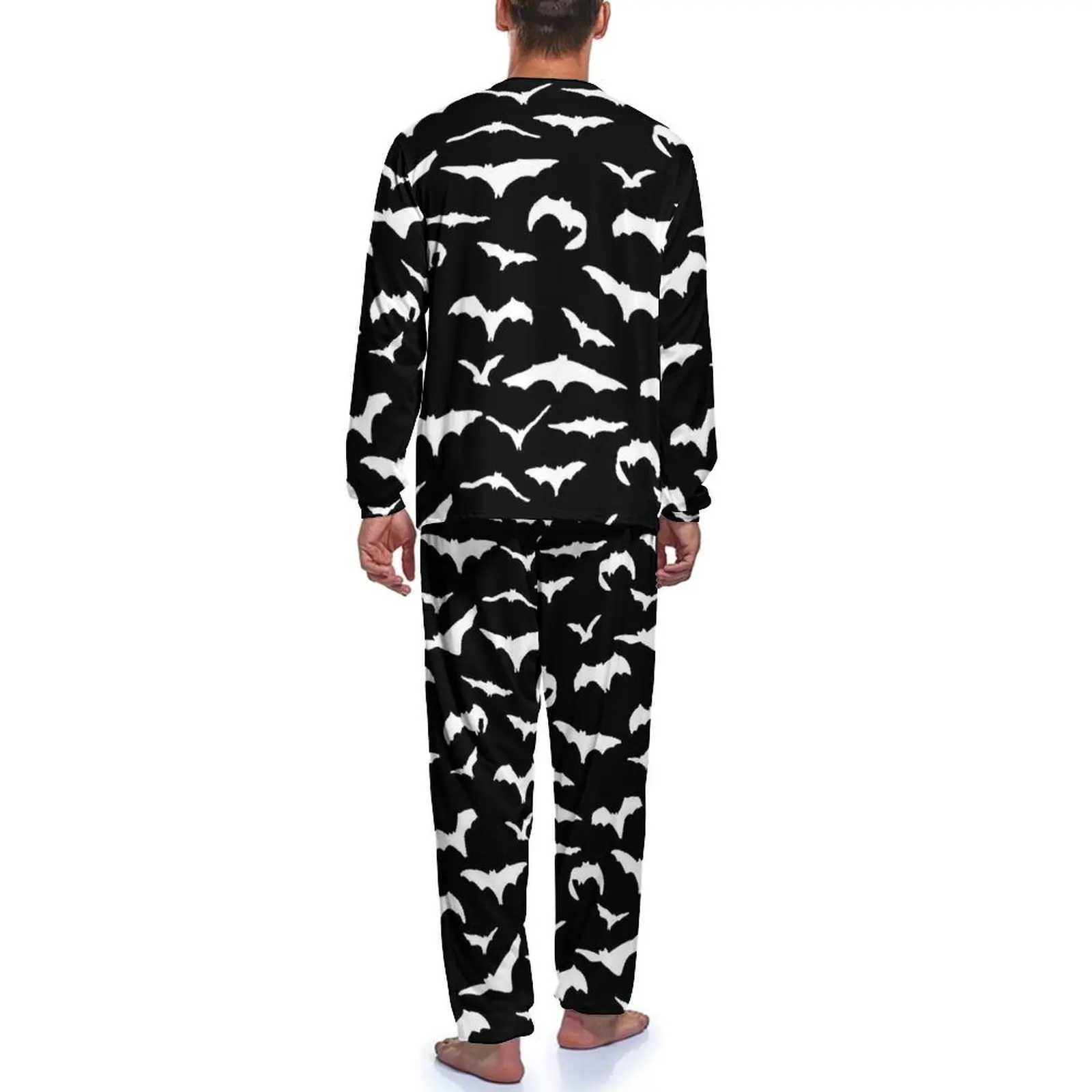 White Flying Bats Pajamas Long Sleeve Halloween 2 Pieces Bedroom Pajama Sets Autumn Man Printed Soft NightwearXJ241227