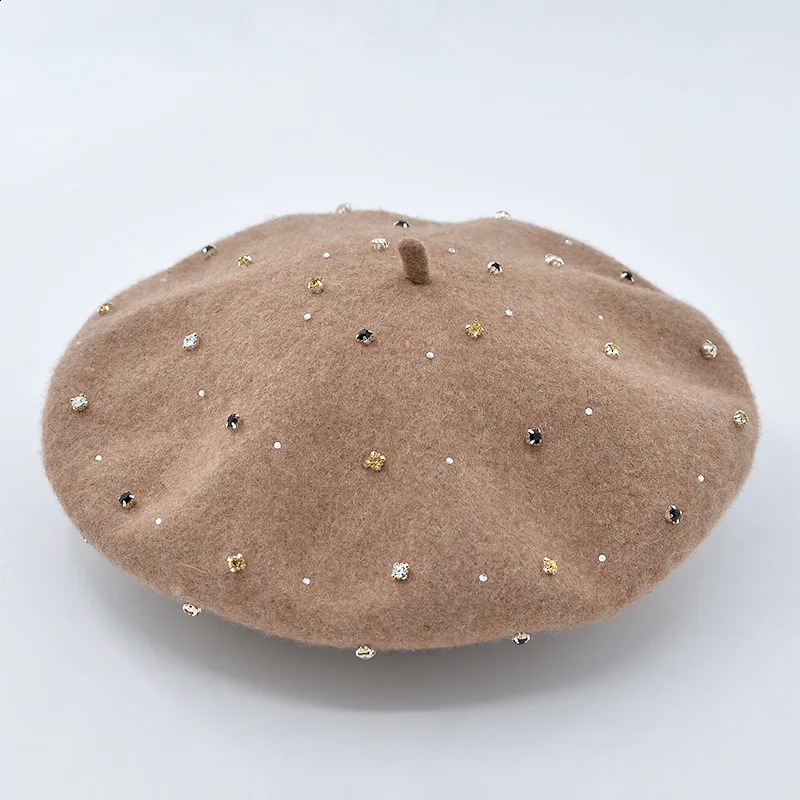 COKK Hand Sewing Wool Beret Women Hat Autumn Winter Rhinestone Beret Cap Hat Female Korean Painter Cap Boina Gorras Vintage 241226