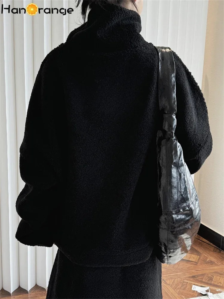 HanOrange 2024 Winter Fashion Turtleneck Lambshair Sweatshirt Women Comfortable Warm Loose Wool Top Off WhiteBlack 241223