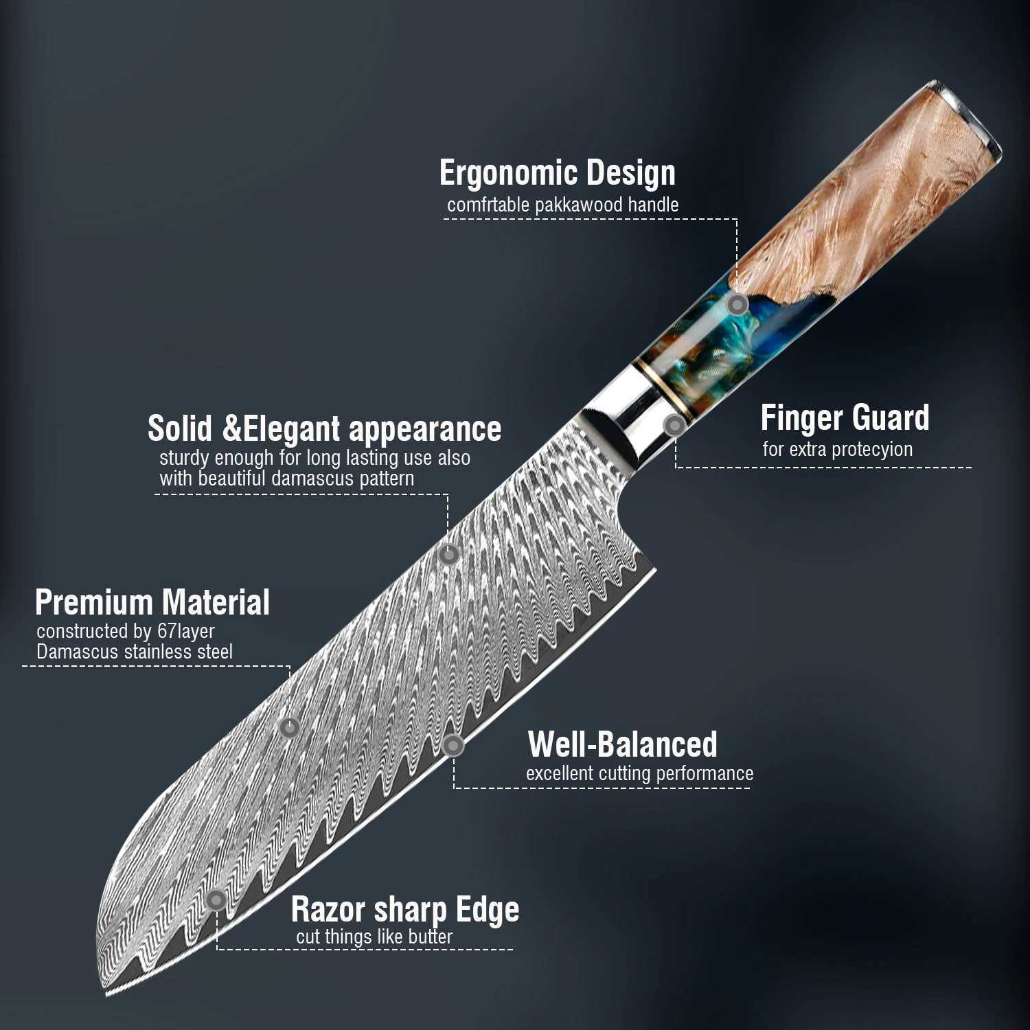 Kitchen Knife Set Damascus Steel VG10 Chef Knife Chop Side Dishes Bread Knife Blue Resin and Colorful Wood Handle Set Y241227