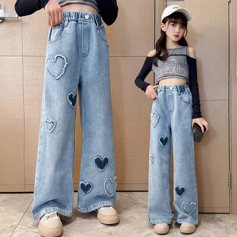 2024 Spring/Autumn Girl Love Rough Edge Jean Korean Edition Sle Childrens Mid Waist Jeans Elastic Waist Pants W241227