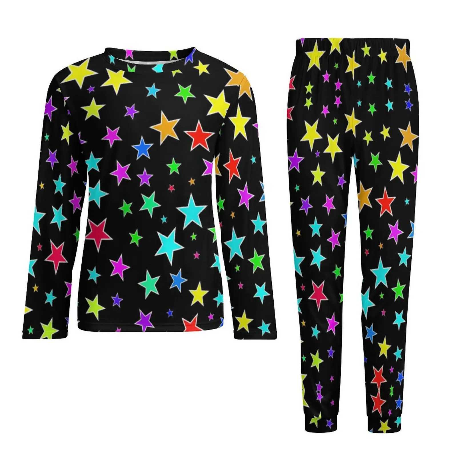 Colorful Stars Pajamas Autumn 2 Pieces Fun Star Print Soft Pajama Sets Man Long Sleeve Room Design Nightwear Large SizeXJ241227
