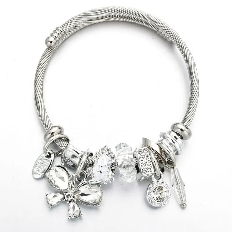 Stainless Steel Cuff Bangle Butterfly Crystal Tassel Bracelet Crystal Bead String 241227