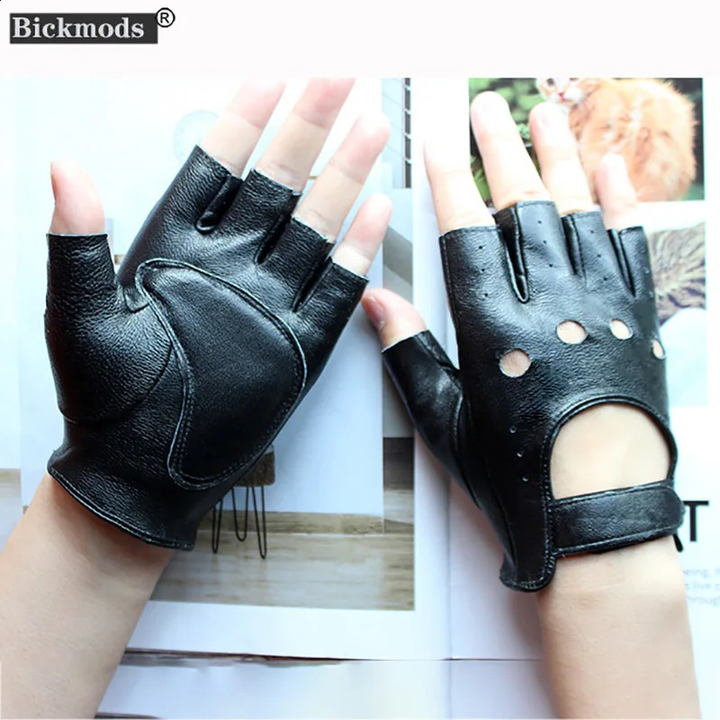 Leather Half-Finger Gloves Female Fitness Fashion Driver Driving Single-Layer Unlined Hollow Short Motorcycle Riding Gloves 241227