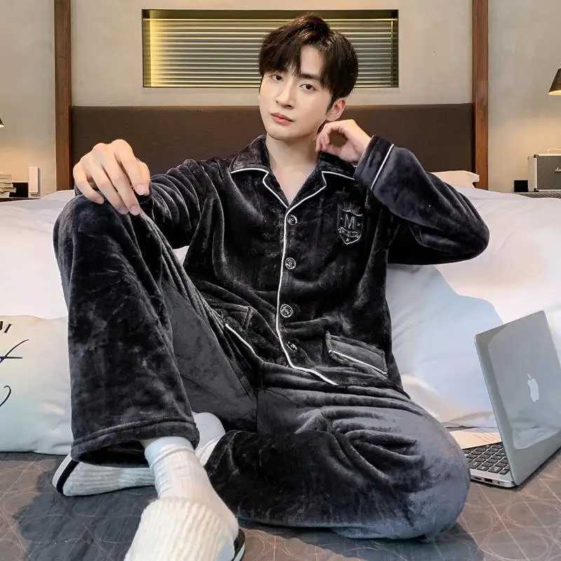 Autumn Winter Coral Fleece Mens Pajamas Set Thicken Flannel Warm Sleepwear OverSized Solid Cardigan Pajama Men Pyjamas HomeWearXJ241227