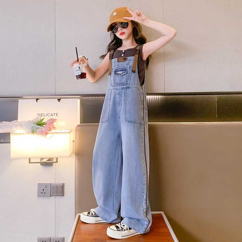 Little girls jeans cover a slim homeless person aged 4-14 summer sleeveless T-shirt vest and pants fashion set W241227