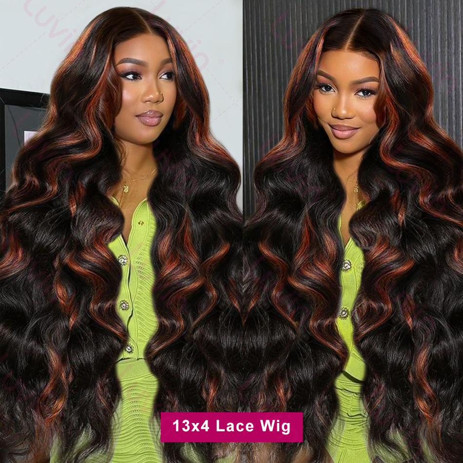 Luvin Ombre Highlight 13X4 Front Wig Human Hair 1B/30 Black Brown Body Wave Wigs Transparent Lace Brazilian For Women