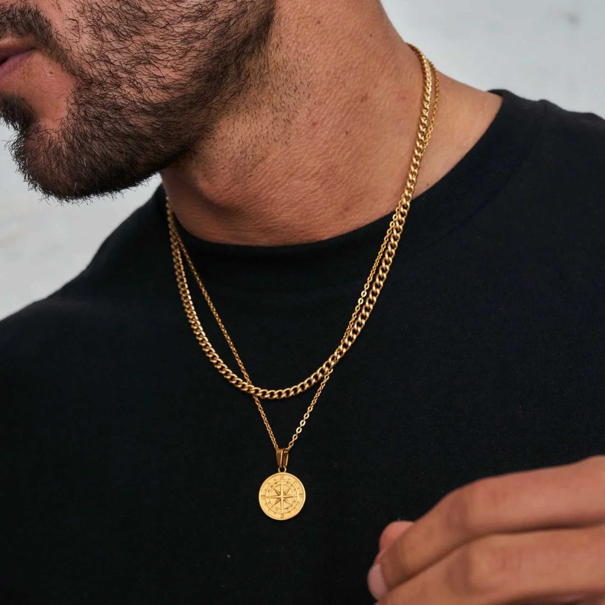 Layered Necklaces for Men Sailing Travel Compass Pendant Stainl Steel Cuban Figaro Wheat Chain Casual Retro CollarXJ241227