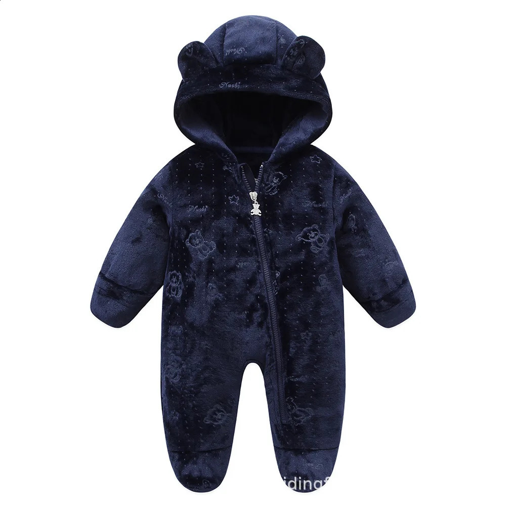 Autumn Toddler Clothing Female Baby Warm Hooded Romper Male Baby Cartoon Printing Jumpsuit 0-12 Months Baby Flannel Jumpsuit 241226