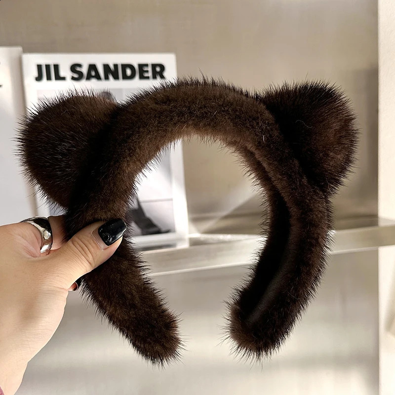 Cute Real Mink Fur Cat Ears Headband For Women 100%Fur Plush Hair Accessories Solid Head Wraps Girlfriend Gift Winter 241227