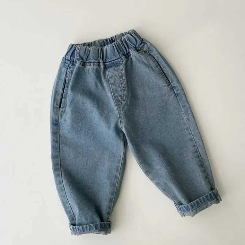 Korean Sle Spring Boys Jeans Girls Solid Casual Pants Unisex Fashion Loose All-match Denim Trousers for Kid Pocket Harem Pants W241227