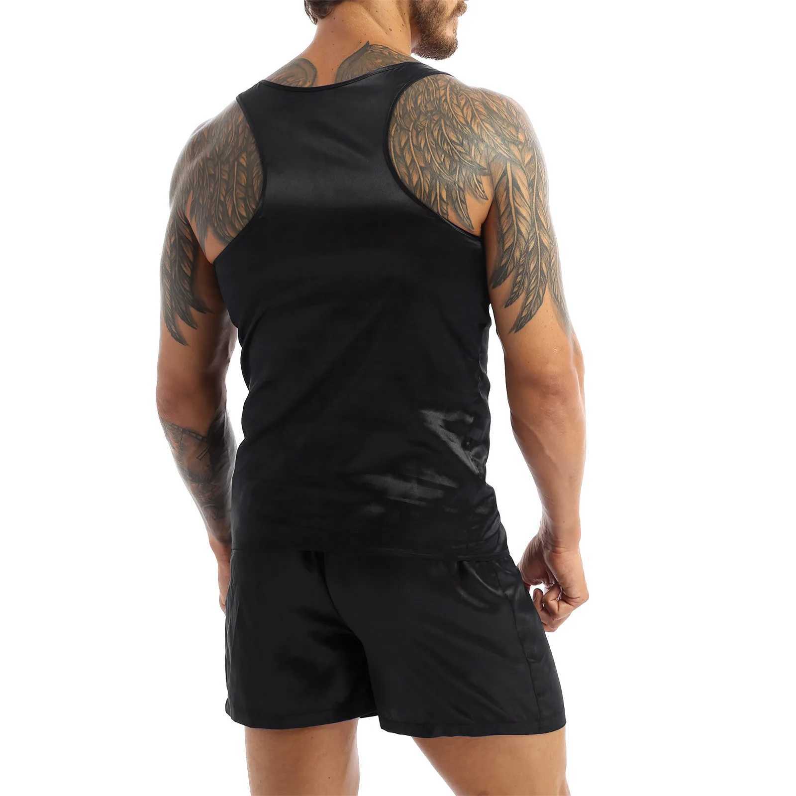 Men Satin Pajamas Set Sleeveless Tank Top Sleep Shorts Bottoms Summer Casual Sport Loungewear Sleepwear Nightwear Home ClothesXJ241227