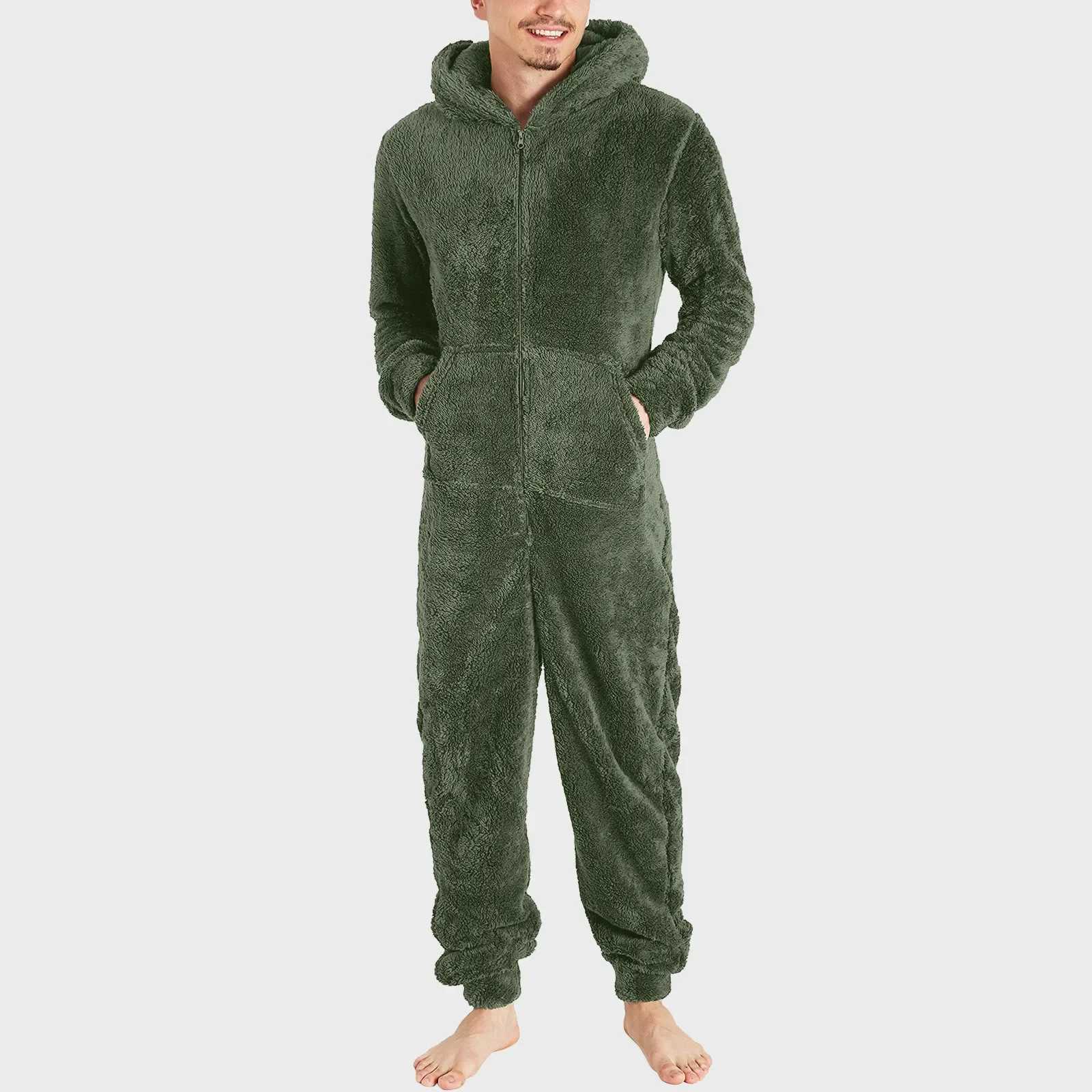 Winter Warm Teddy Fleece Pajamas for Men Plush Zipper Onesie Fluffy Hooded Sleepwear One Piece Sleep Lounge Pajama JumpsuitsXJ241227