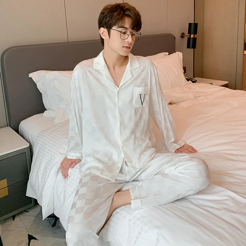 Lisacmvpnel Men Pajamas Spring And Autumn Ice Silk Long Sleeve Home Clothes Jacquard Large Size Casual Pyjamas 241227