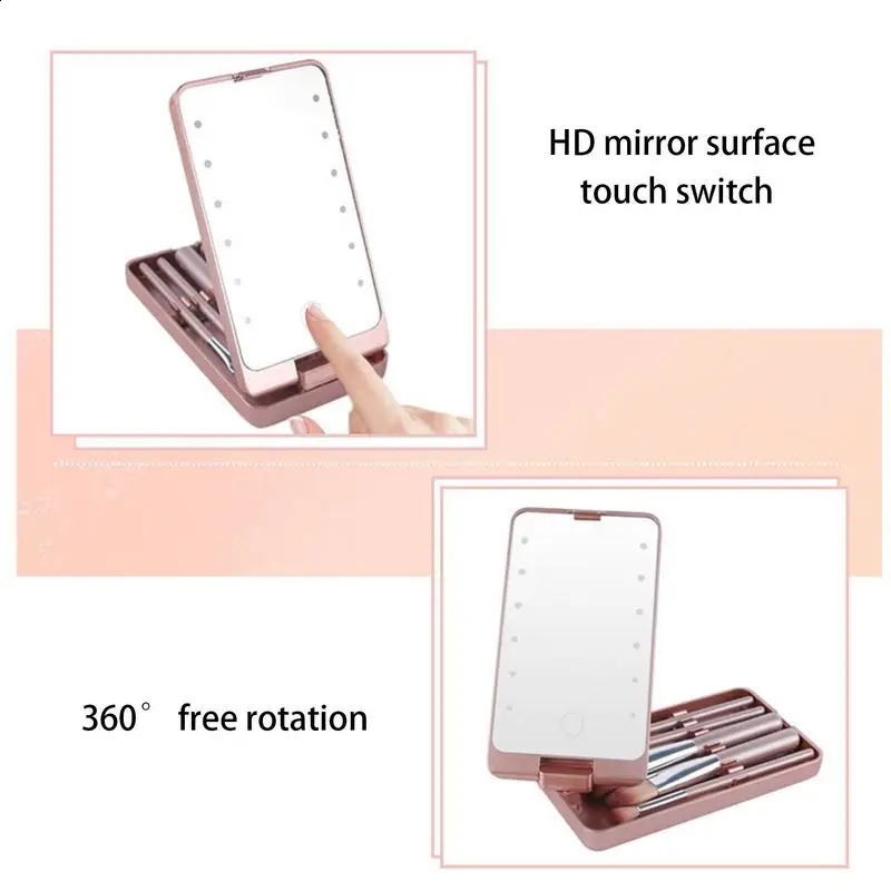 Lighted Makeup Mirror Rotatable Personal Beauty Mirror With 5 Makeup Brushes Travel Make Up Accessories Multifunctional Light Up 241223