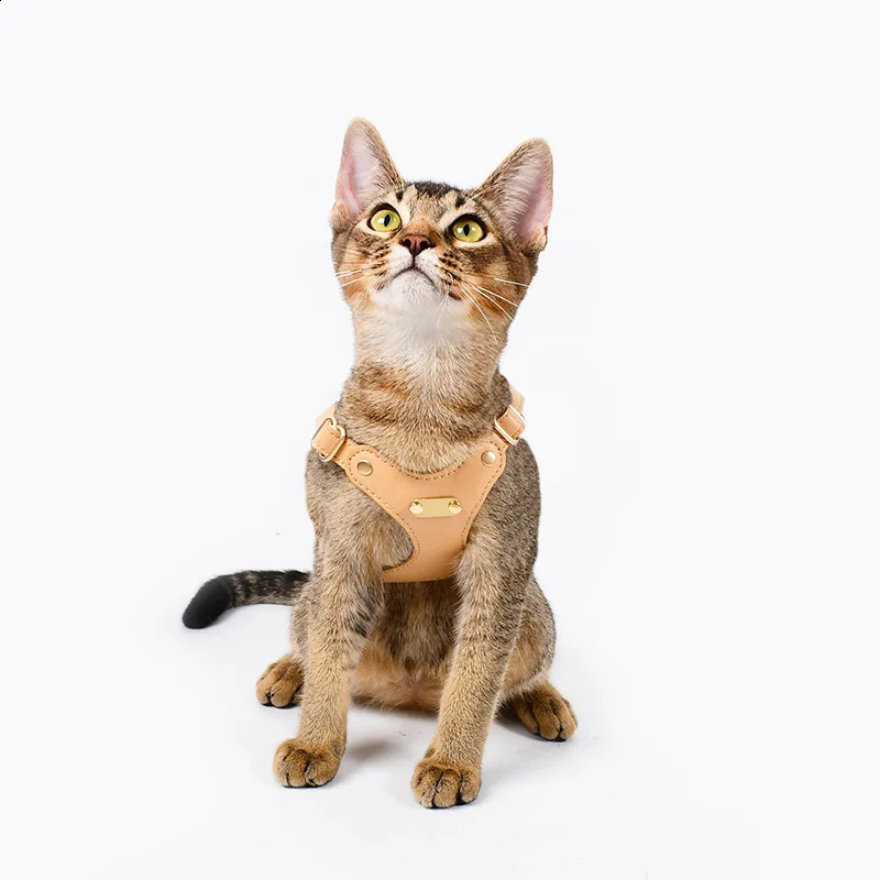 leather cat harness leash set Soft leather bowknot cat collar adjustable outdoor pet traction rope metal buckle pet vest 241225