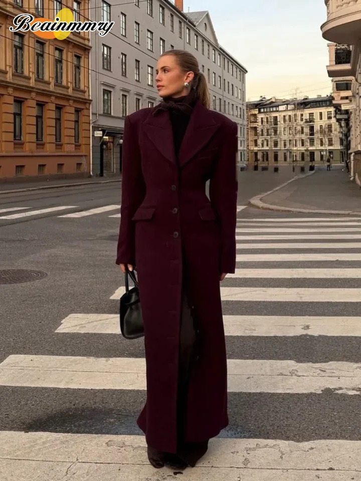 Fashion High Waist Flap Pockets Long Coats Elegant Burgundy Lapel Single Breasted Wool Blends Overcoat Lady Street Outerwear 241226
