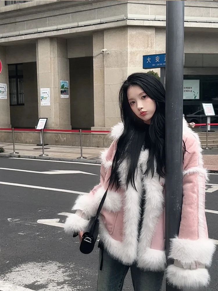 Fashion Fur Lamb Fleece Thickened Furs Collar Coat Women Winter Clothes Pink Warm Jacket Clothing 241223
